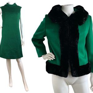 Vintage 1960s Dress Jacket Set Green Wool Lined Fur Trim Jacket w/ Dress Small